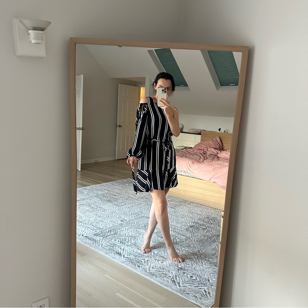 NWT Zara Navy and White Striped One Shoulder Dress - Picture 13 of 17